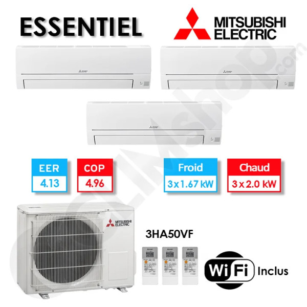Mitsubishi Electric Tri-split clim réversible Essentiel MXZ-3HA50VF + 3× MSZ-HR25VFK (5.0 kW) — photo 1 (Climshop)