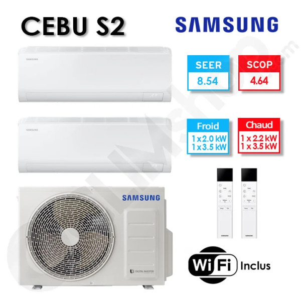 Samsung Bi-split clim réversible AJ050TXJ2KG/EU + AR50F07C1AHNEU + AR50F12C1AHNEU (5,0 kW) — photo 1 (Climshop)